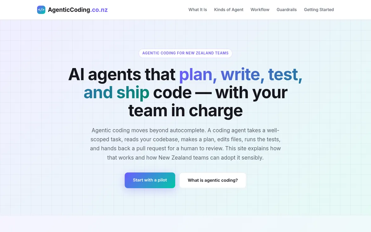 Screenshot of the agenticcoding.co.nz homepage
