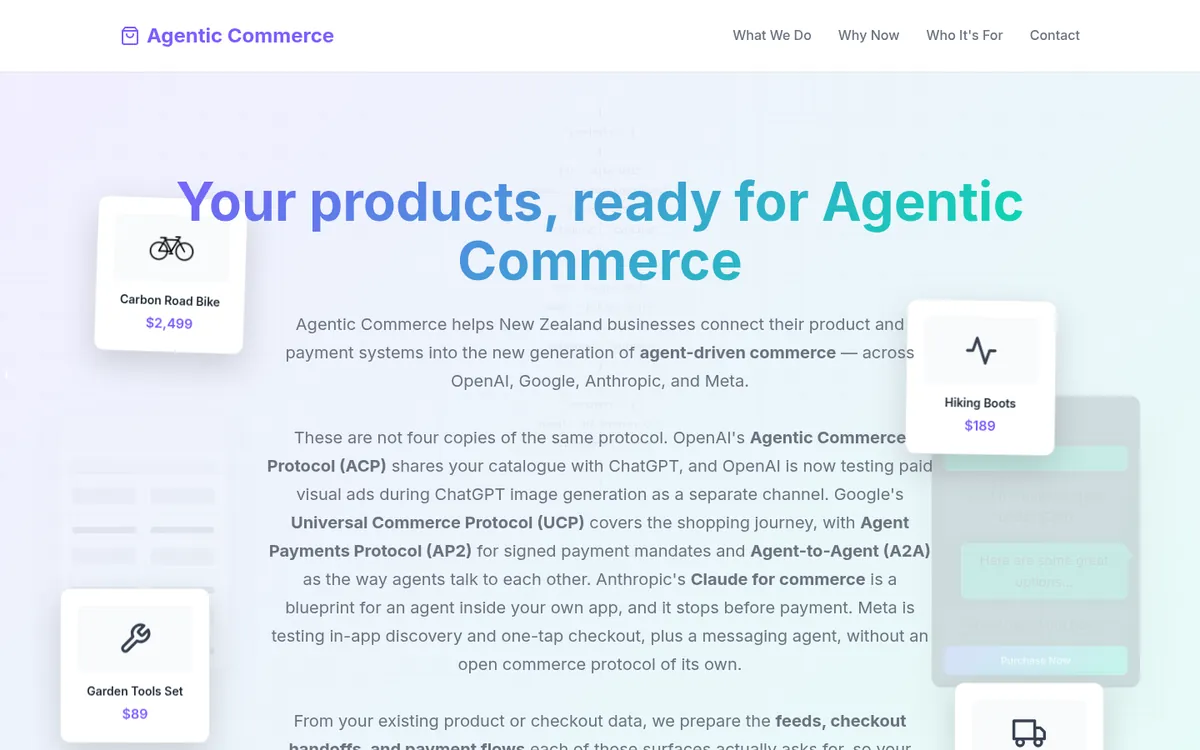 Screenshot of the agenticcommerce.co.nz homepage