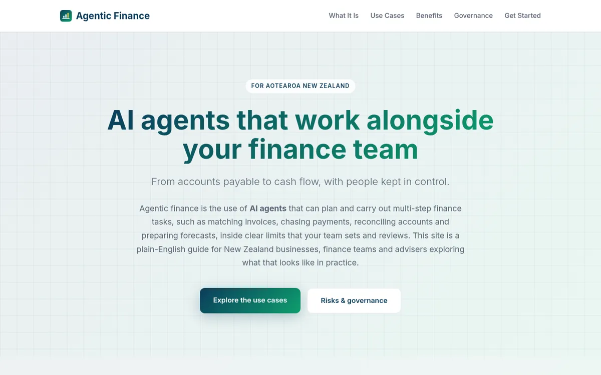 Screenshot of the agenticfinance.co.nz homepage